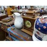 A VICTORIAN MANTLE CLOCK, A ZITHER, A LEATHER SUIT CASE, BAMBOO TABLE, VINTAGE PHOTO ALBUM AND CHINA