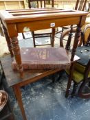 A VICTORIAN LUGGAGE STAND, A SIDE TABLE, AND AN ATLAS.