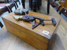 A PAIR OF FOLDING CAMPAIGN TYPE MIRRORS, A WOODEN AND METAL PUPPET, AND A WRITING BOX.