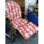 AN ERCOL ROCKING CHAIR, AND SIMILAR STOOL.