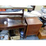 A GEORGIAN MAHOGANY SERPENTINE SIDE TABLE, A COFFEE TABLE, AND TWO BEDSIDE CHESTS.