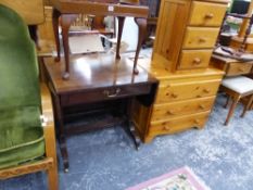 AN ART DECO ARM CHAIR, A REPRODUCTION SOFA TABLE, PINE BEDROOM FURNITURE, A PINE SIDE CABINET, AND A