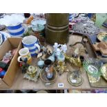 A VINTAGE COMPOSITE PART NATIVITY SET, MEAT PLATTERS, BRASS WARES, A BAROMETER ETC.