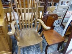 A WILLIAM IV HALL CHAIR AND A VICTORIAN SLAT BACK KITCHEN ARM CHAIR, TOGETHER WITH A FIRE FENDER AND