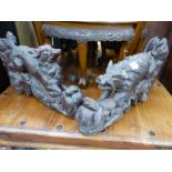TWO CARVED BLACK FOREST TYPE WOOD BRACKETS, A WILD BOAR AND A WOLF.