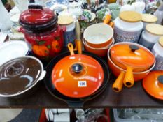 A QUANTITY OF LE CREUSET IRON PANS, HORNSY KITCHEN JARS, A RUMPTOFT POT, ETC.