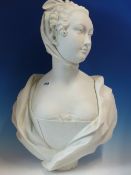 A FRENCH BISCUIT PORCELAIN BUST OF AN 18th C. LADY WEARING A SHAWL OVER BARE SHOULDERS AND HER