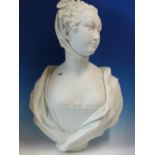 A FRENCH BISCUIT PORCELAIN BUST OF AN 18th C. LADY WEARING A SHAWL OVER BARE SHOULDERS AND HER