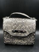 MCQ ALEXANDER MCQUEEN HANDBAG. A GREY LEATHER PYTHON SNAKE PRINT AND WOOD SIDE CROSSBODY HANDBAG.