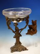 A BLACK FOREST BEAR SEATED OVER A BRASS TUB. H 12cms. TOGETHER WITH A GLASS TAZZA SUPPORTED BY A