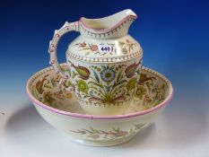 ATTRIBUTED TO CHRISTOPHER DRESSER FOR OLD HALL, A CAIRO PATTERN JUG AND BOWL PRINTED WITH FLOWER