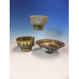 THREE STUDIO PORCELAIN BOWLS BY MARY RICH IN TONES OF TURQUOISE AND GREEN GILT WITH CHEVRON BANDS,