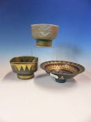 THREE STUDIO PORCELAIN BOWLS BY MARY RICH IN TONES OF TURQUOISE AND GREEN GILT WITH CHEVRON BANDS,