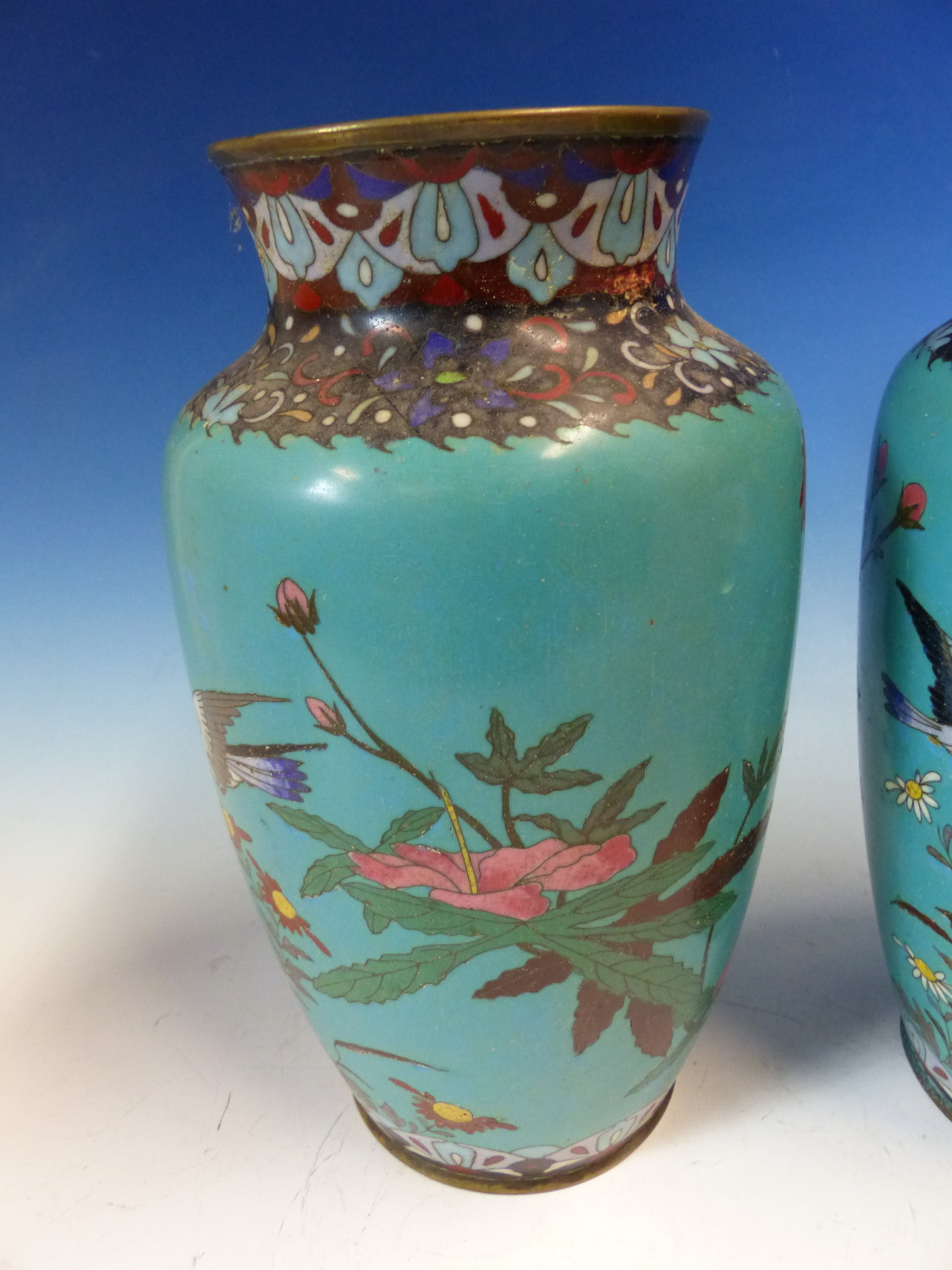 A PAIR OF JAPANESE CLOISONNE VASES WORKED WITH BIRDS AND FLOWERS ON A GREEN TURQUOISE GROUND. H - Image 10 of 11