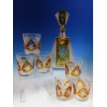 A SET OF SIX BOHEMIAN AMBER OVERLAY TUMBLERS CUT WITH FLOWERS EN SUITE WITH A DECANTER AND STOPPER