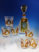 A SET OF SIX BOHEMIAN AMBER OVERLAY TUMBLERS CUT WITH FLOWERS EN SUITE WITH A DECANTER AND STOPPER