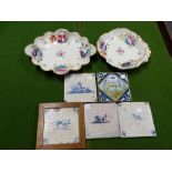 FOUR ENGLISH DELFT BLUE AND WHITE TILES, ANOTHER POLYCHROME TOGETHER WITH TWO DERBY FLORAL DISHES