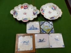 FOUR ENGLISH DELFT BLUE AND WHITE TILES, ANOTHER POLYCHROME TOGETHER WITH TWO DERBY FLORAL DISHES