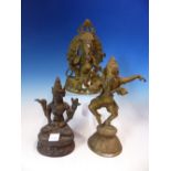 TWO POLISHED BRONZE FIGURES OF GANESH. H 20cms. TOGETHER WITH A TIBETAN IRON FIGURE OF THE WHITE