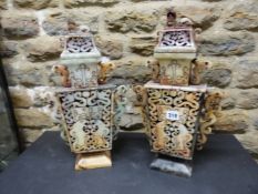 A PAIR OF CHINESE HARDSTONE TWO HANDLED VASES AND COVERS, THE BALUSTER SHAPES OF RECTANGULAR