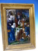 TWO MID 17th C. LIMOGES ENAMEL PLAQUES PAINTED WITH THE CHRIST CHILD PRESENTED IN A TEMPLE AND BEING