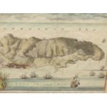 AFTER J. BAFIRE. AN ANTIQUE HAND COLOURED PRINT OF GIBRALTAR. A PLAN OF THE TOWN AND FORTIFICATIONS.