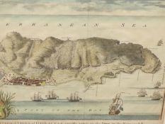 AFTER J. BAFIRE. AN ANTIQUE HAND COLOURED PRINT OF GIBRALTAR. A PLAN OF THE TOWN AND FORTIFICATIONS.