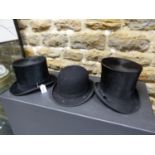 TWO SILK PILE TOP HATS AND A BOWLER, THE FORMER BY LINCOLN BENNETT AND HOPE BROTHERS, THE INSIDE