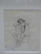 19th/20th.C. ENGLISH SCHOOL. PORTRAIT OF A SEATED GENTLEMAN IN 17th.C. DRESS. PEN AND INK SKETCH. 18