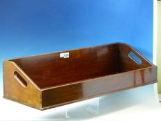 A PAIR OF ANTIQUE MAHOGANY BOOK TROUGHS, HANDLES PIERCED IN THE NARROW SIDES AND COPPER CUP