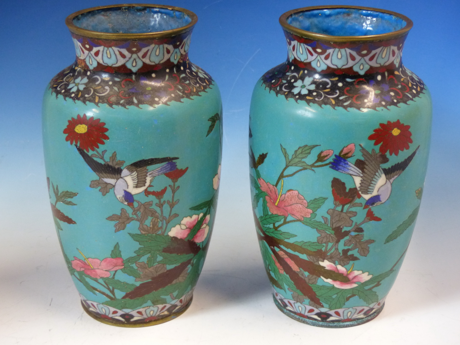 A PAIR OF JAPANESE CLOISONNE VASES WORKED WITH BIRDS AND FLOWERS ON A GREEN TURQUOISE GROUND. H - Image 2 of 11