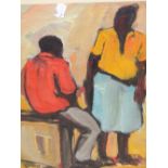 CHARLES KAMANGWANA (b. 1972). ARR. IN CONVERSATION. SIGNED GOUACHE, EXHIBITION LABELS VERSO. 44.5