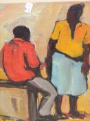 CHARLES KAMANGWANA (b. 1972). ARR. IN CONVERSATION. SIGNED GOUACHE, EXHIBITION LABELS VERSO. 44.5