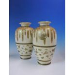 CHOSHUZAN, A PAIR OF SATSUMA OVOID VASES, EACH WITH MILLEFIORE DRIPPING FROM THE SHOULDERS ABOUT