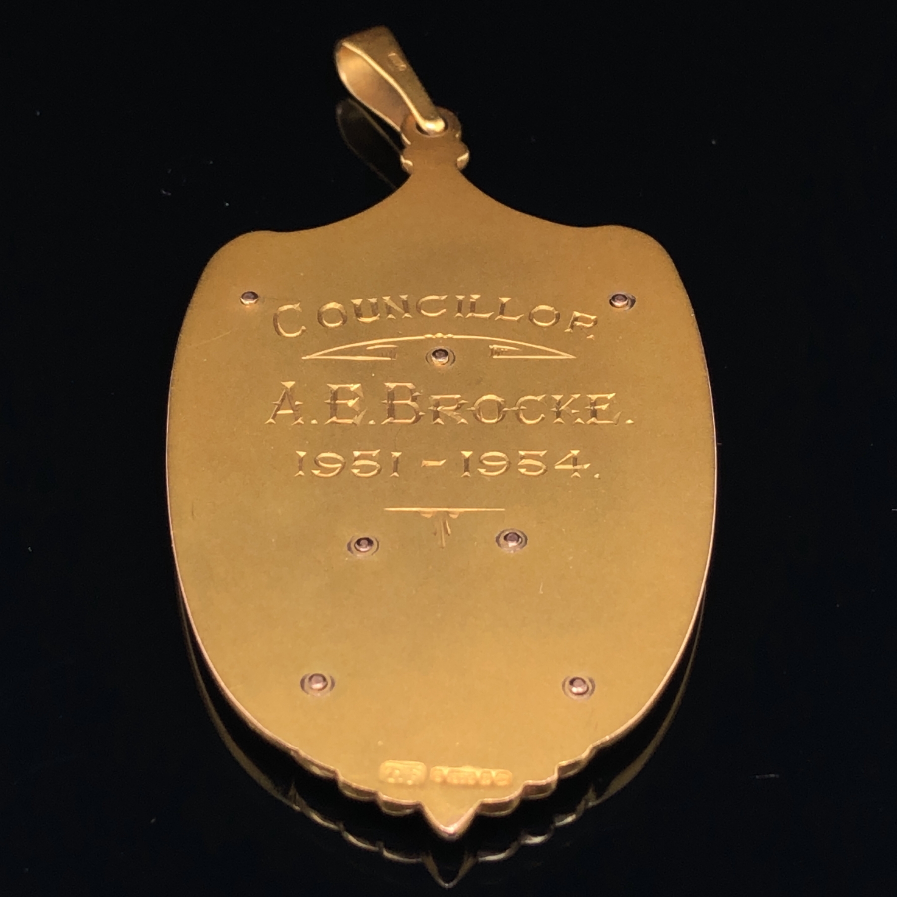 A HALLMARKED 9ct GOLD AND ENAMEL MAYORS MEDALLION, ENGRAVED WITH ENAMEL BANNERS 1951-54, AND FLOREAT - Image 8 of 11
