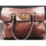 MULBERRY HANDBAG. A DESIGNER CROC PRINT LEATHER BAYSWATER MAROON HAND BAG, WITH DUST COVER.