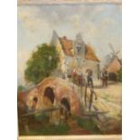 19th/20th.C. CONTINENTAL SCHOOL. A DUTCH VILLAGE SCENE. SIGNED INDISTINCTLY, OIL ON PANEL. 32 x