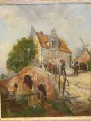 19th/20th.C. CONTINENTAL SCHOOL. A DUTCH VILLAGE SCENE. SIGNED INDISTINCTLY, OIL ON PANEL. 32 x