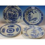 FOUR 18th C. CHINESE BLUE AND WHITE CIRCULAR PLATES TOGETHER WITH THREE OCTAGONAL PLATES, MAINLY
