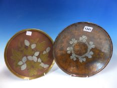 HUGH WALLIS (1871-1943), A HAMMERED COPPER DISH, THE CENTRAL BAND OF CLOVER SILVERED, H W STAMP.