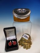 A BENTLEY CHROME LOGO PAPERWEIGHT WITH WOOD BASE. W 10.5cms. A PAIR OF BENTLEY CUFFLINKS AND A BRASS