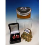 A BENTLEY CHROME LOGO PAPERWEIGHT WITH WOOD BASE. W 10.5cms. A PAIR OF BENTLEY CUFFLINKS AND A BRASS