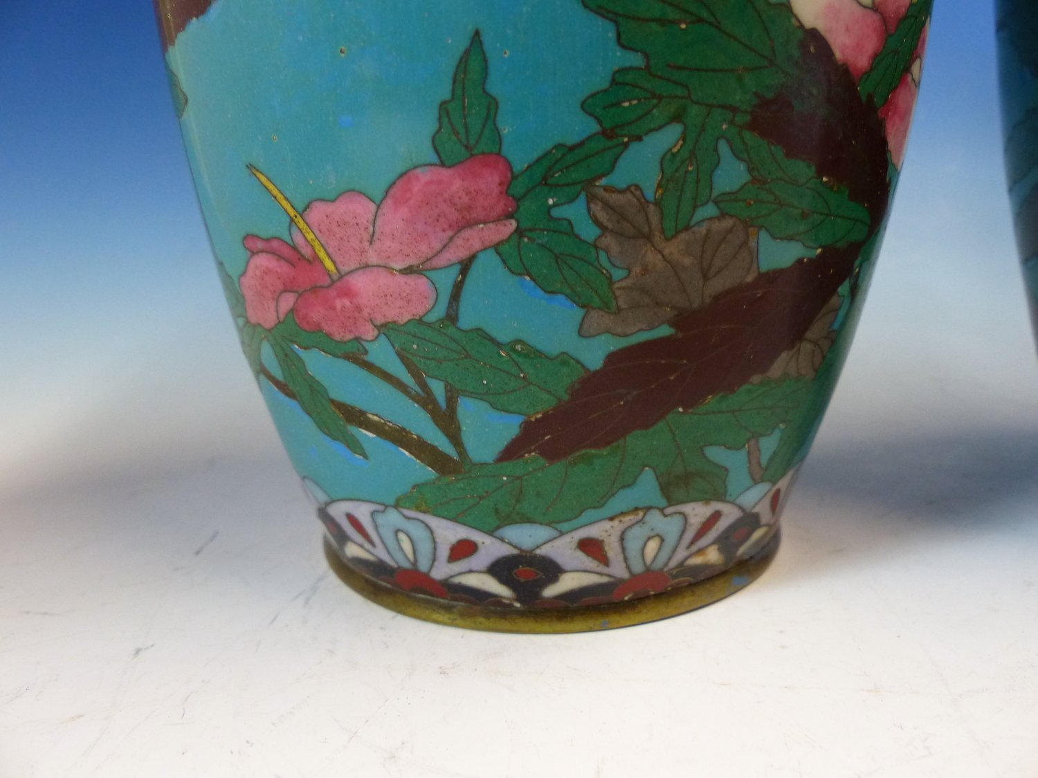 A PAIR OF JAPANESE CLOISONNE VASES WORKED WITH BIRDS AND FLOWERS ON A GREEN TURQUOISE GROUND. H - Image 6 of 11