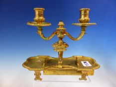 A 19th C. ORMOLU TWIN LIGHT SCRIBE'S CHAMBER STICK, THE TWO NOZZLES SUPPORTED BY TWO CARYATIDS ABOVE