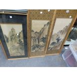 A PAIR OF CHINESE PICTURES OF MOUNTAINOUS LANDSCAPES. 59.5 x 23.5cms. TOGETHER WITH ANOTHER OF A
