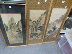 A PAIR OF CHINESE PICTURES OF MOUNTAINOUS LANDSCAPES. 59.5 x 23.5cms. TOGETHER WITH ANOTHER OF A