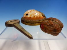 A MOTHER OF PEARL MOUNTED SCISSOR CASE. 11cms. A WALNUT NECESSAIRE CONTAINING A THIMBLE TOGETHER