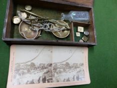 A 19TH CENTURY APOTHECARY BALANCE CONTAINED IN PERIOD OAK BOX WITH MISCELLANEOUS WEIGHTS.