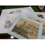 FIVE CHINESE MOUNTED BUT UNFRAMED PICTURES, TO INCLUDE THREE MOUNTAINOUS LANDSCAPES, A MILKING SCENE