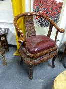 A PAIR OF CHINESE HARDWOOD HOOP BACKED CHAIRS, THE ARMS AND BACK INLAID WITH BATS, DRAGONS AND